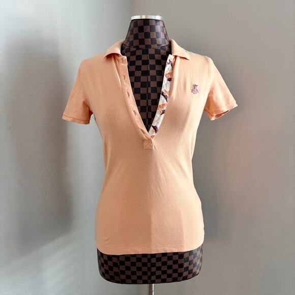 Y2K Heatherette Unicorn Polo Shirt Small Peach Orange Short Sleeve Distressed - Picture 2 of 10